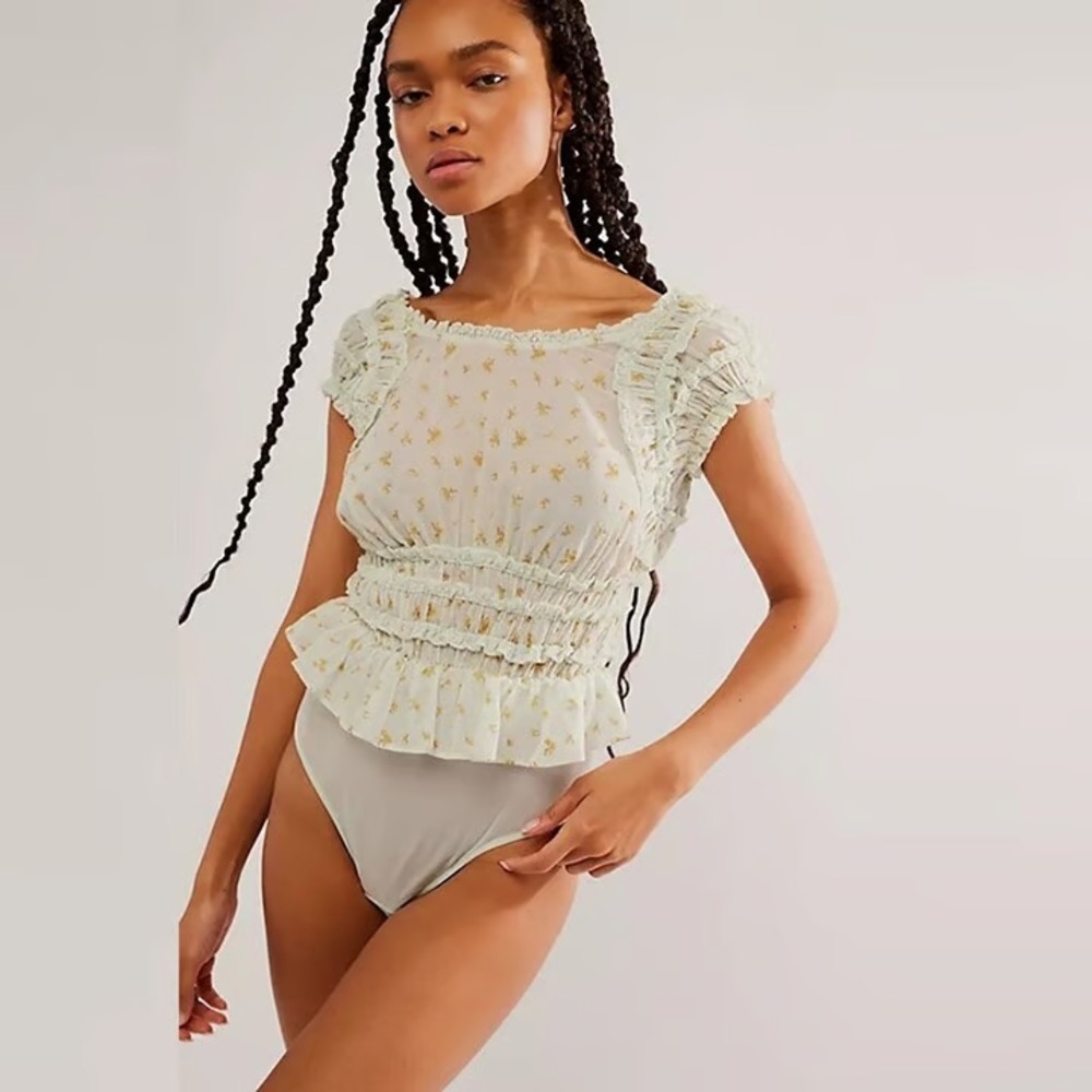 Intimately‎ Free People - Babydoll Once Bodysuit Mint Floral Ruffle XS NWT
